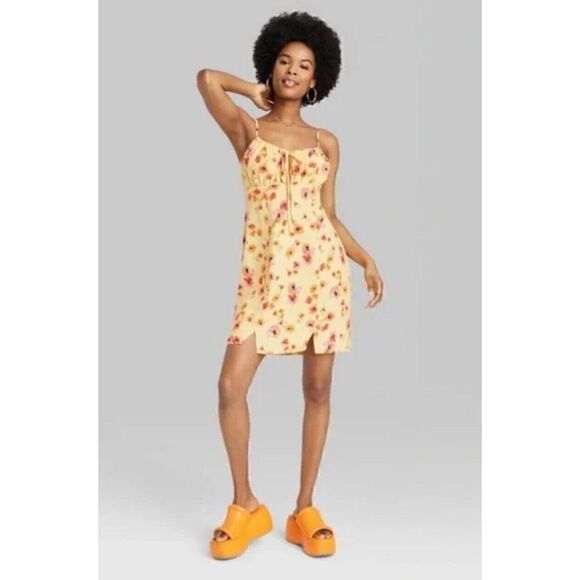 Women's Ruched Linen Slip Dress - Wild Fable Yellow Floral Size XS. NWT. 4 - Picture 6 of 7